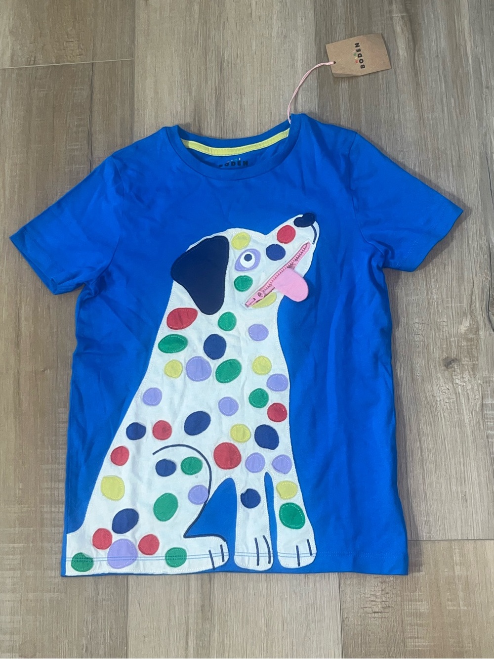 NWT Mini Boden Kid’s Polka Dot Appliquéd Dog Short Sleeve T-Shirt Size 8-9 Y